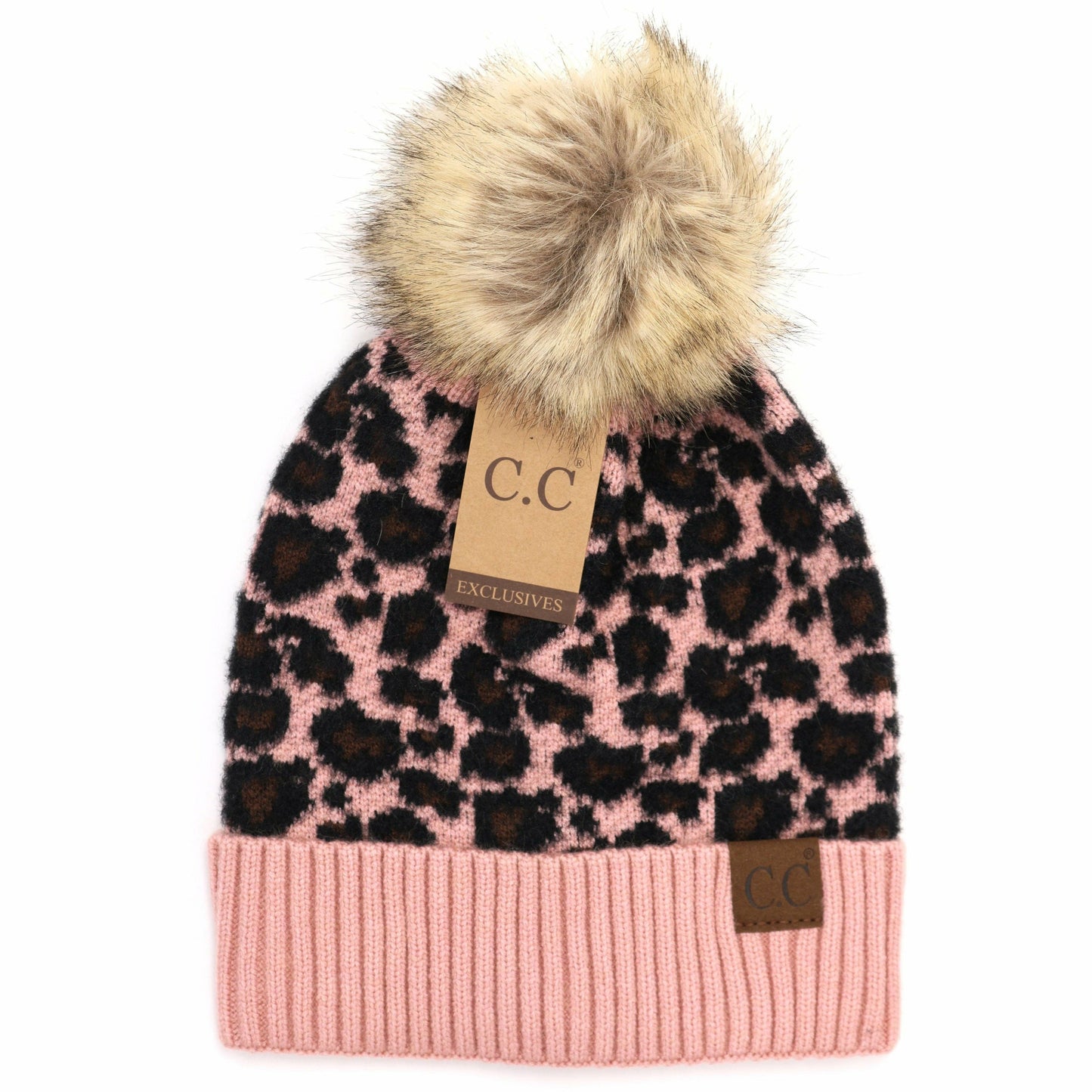 C.C. Animal Print Fur Pom Beanie