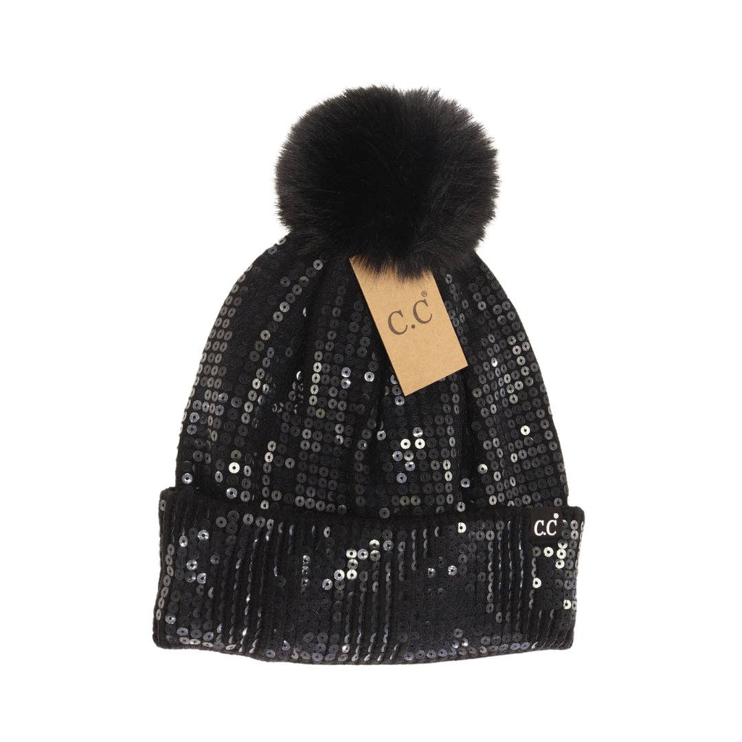 C.C Allover Clear Sequin Faux Fur Pom Beanie