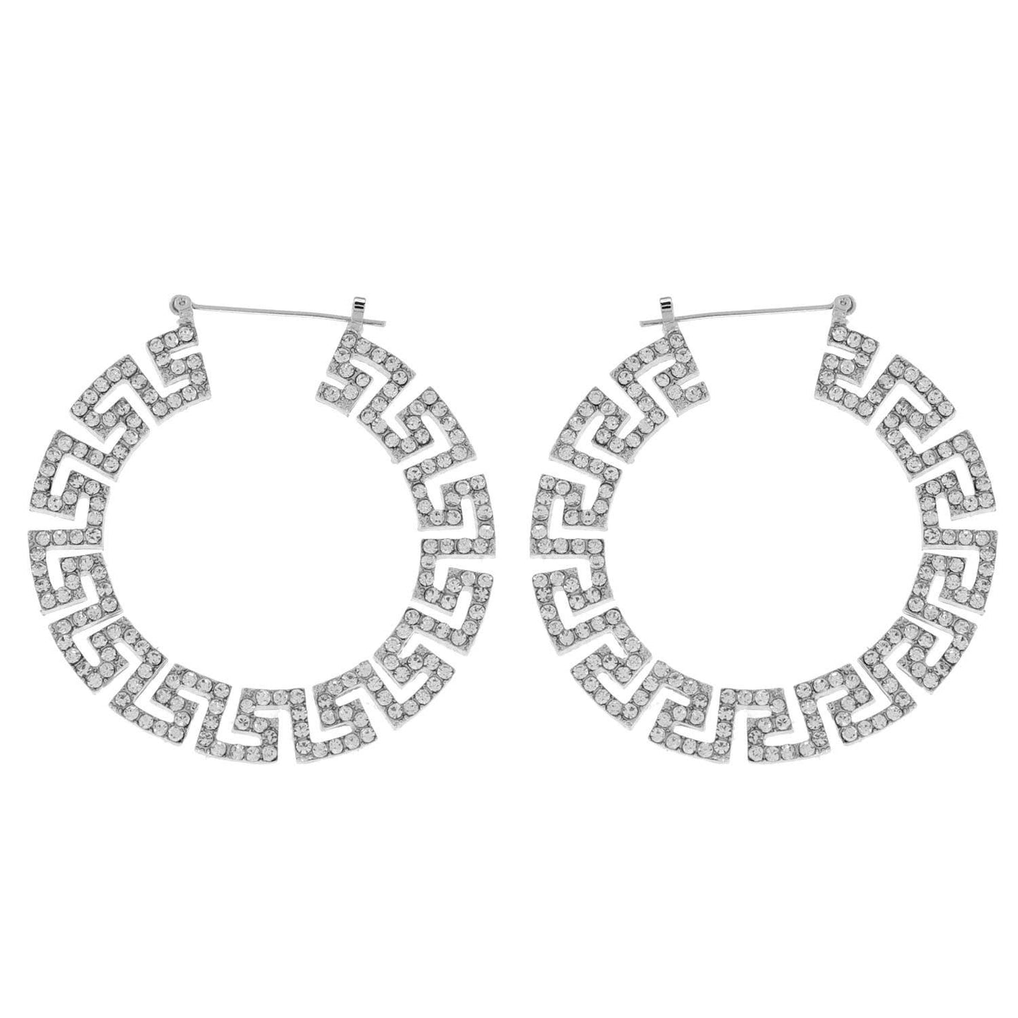 Greek Key Square Crystal Pave Hoop Earrings