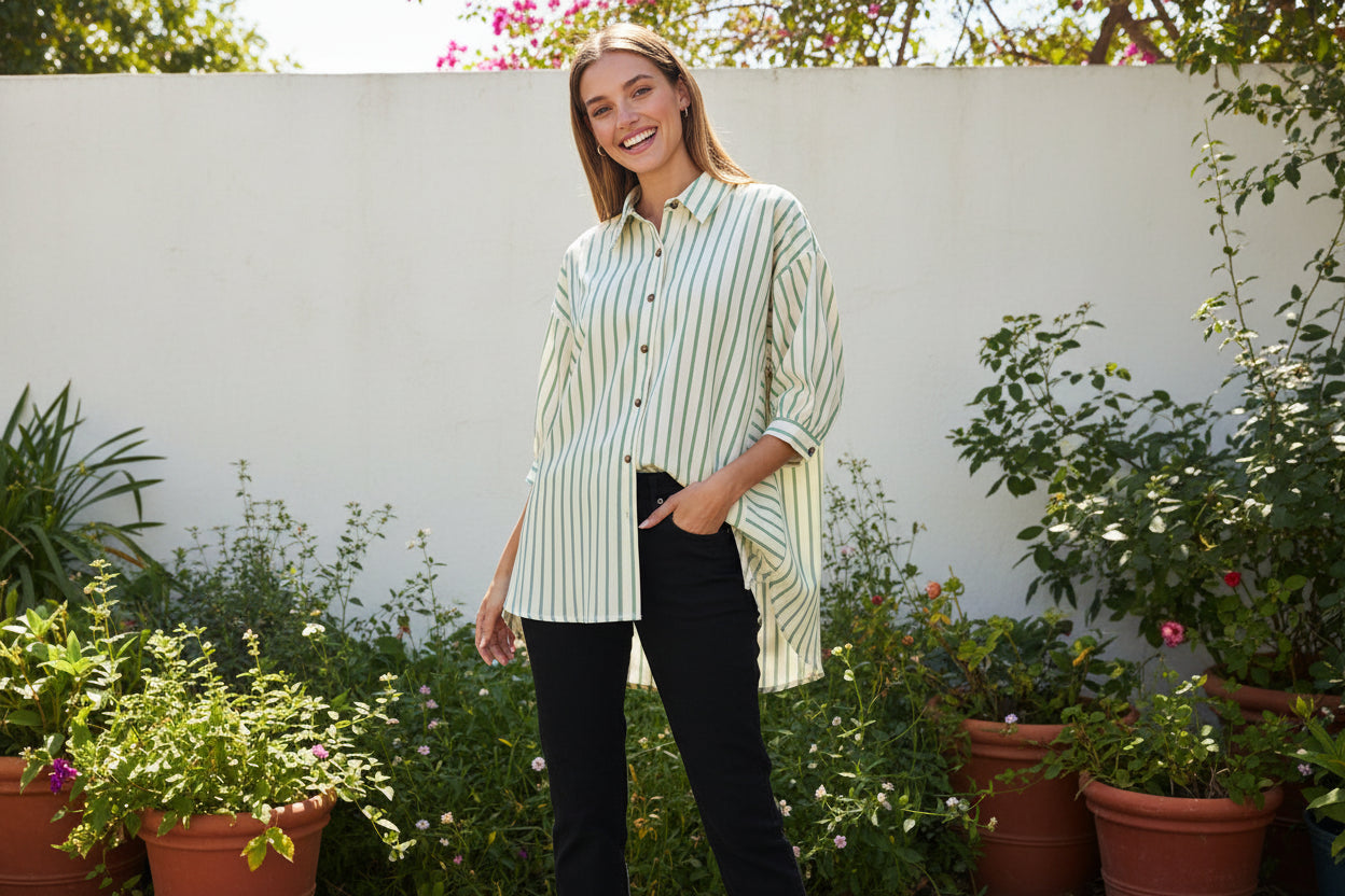 Oddi Green Striped Button Down Shirt