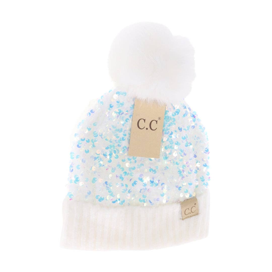 C.C. Kids Sequin Faux Fur Pom Beanie