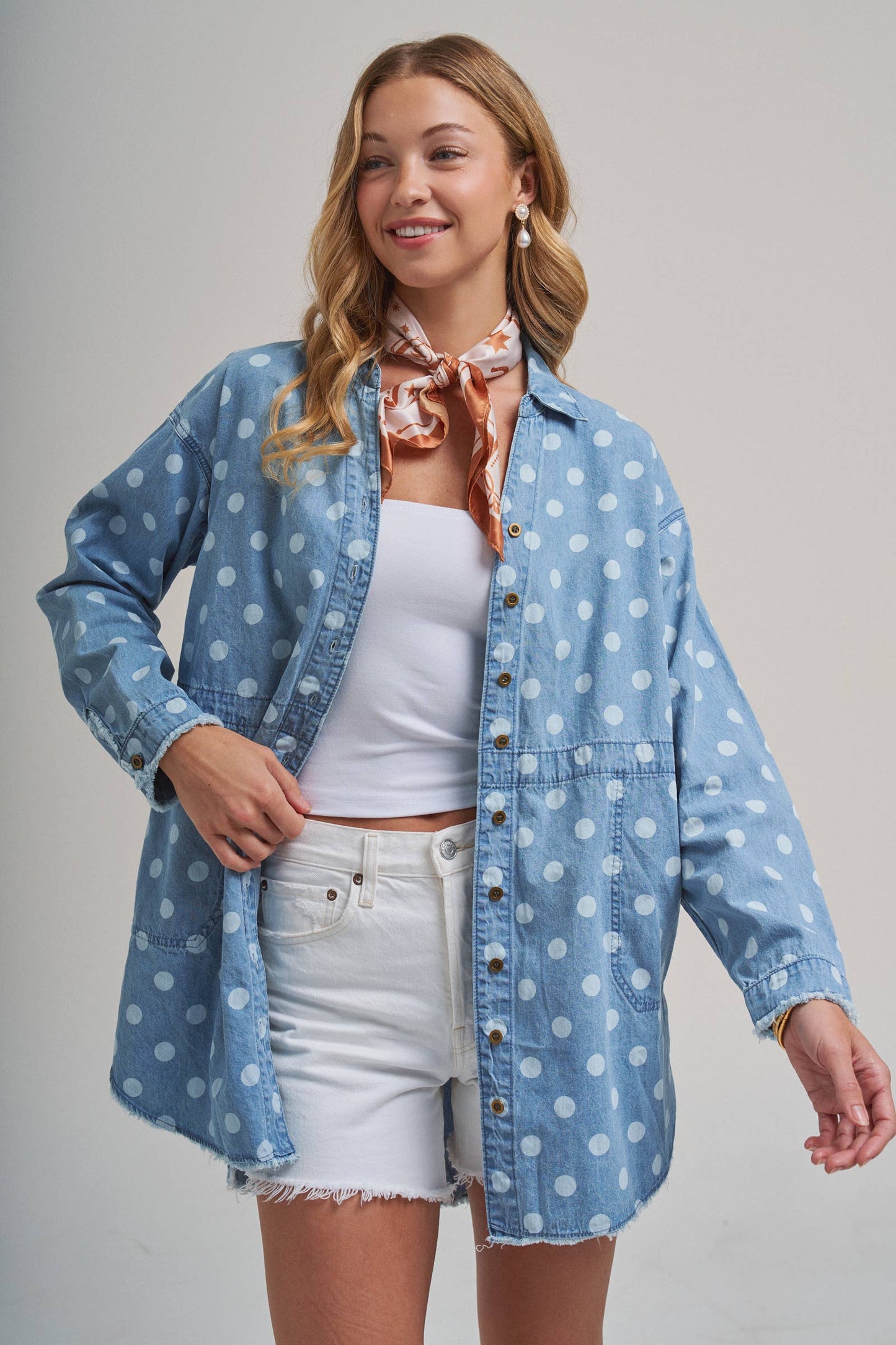 Polka Dot Chambray Button-Up Shirt with Frayed Hem
