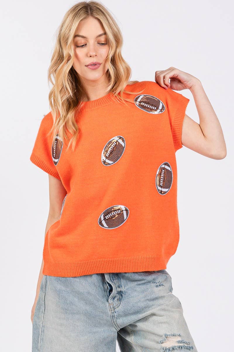 Orange Football Sequin Patch Game Day Top