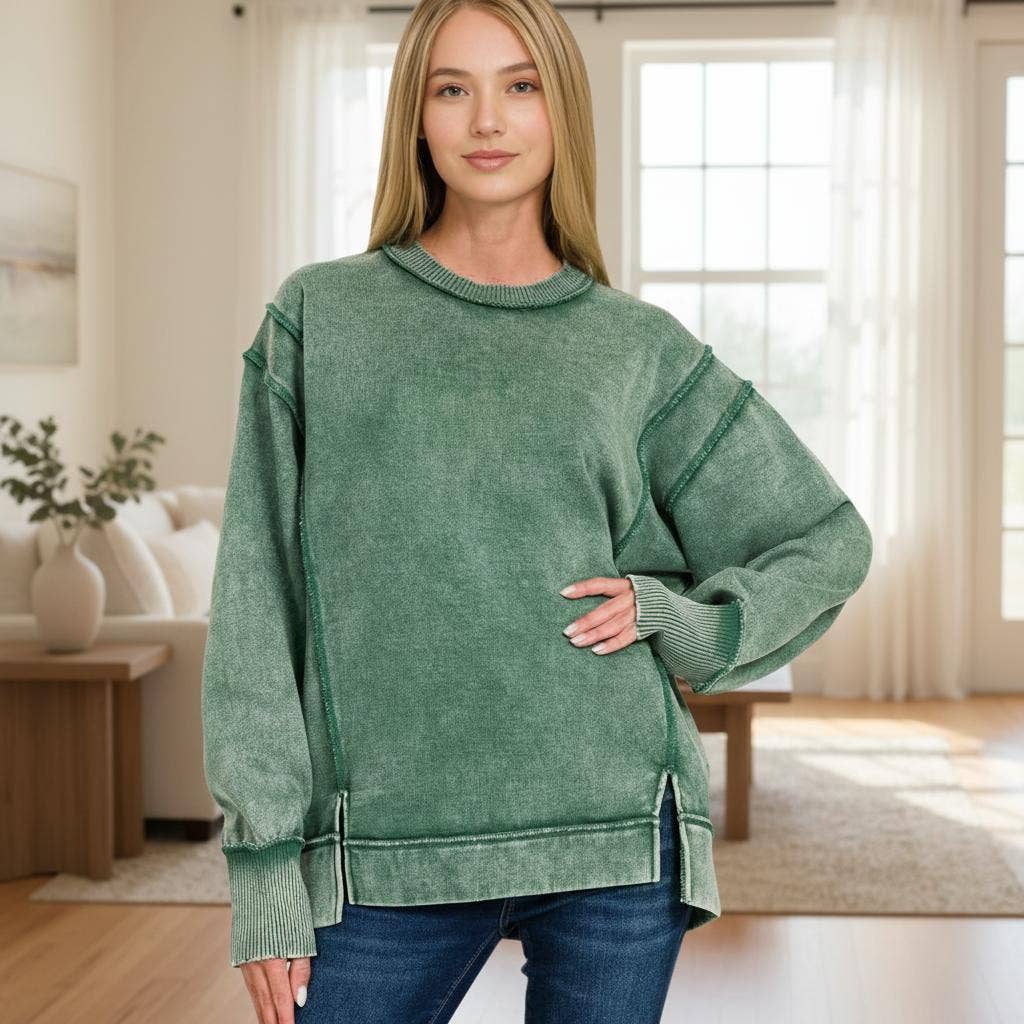 Zenana Washed Side Slit Fleece Sweatshirt – Oversized Relaxed Fit
