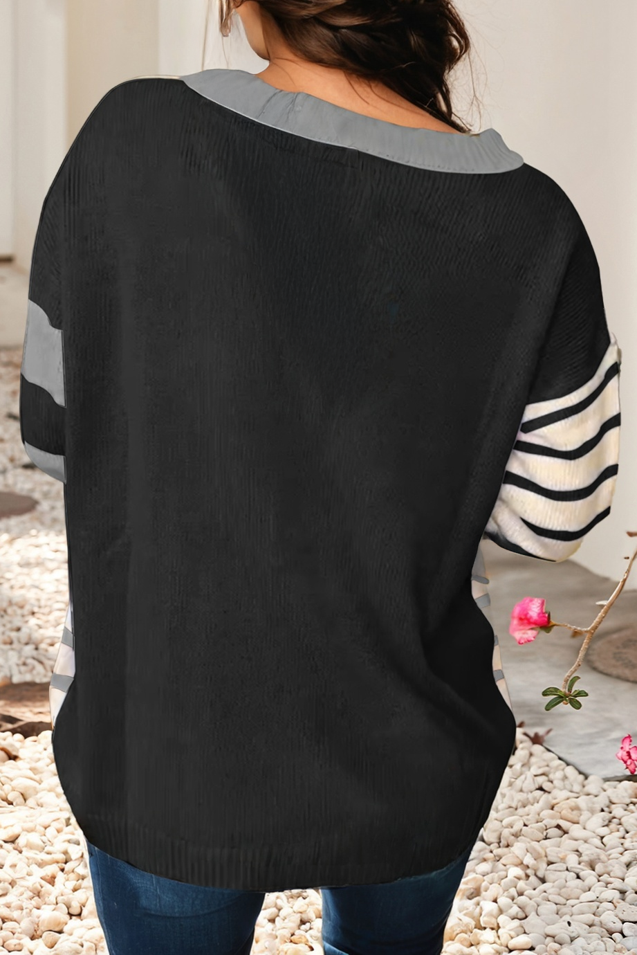 Striped Colorblock Drop Shoulder Cozy Sweater