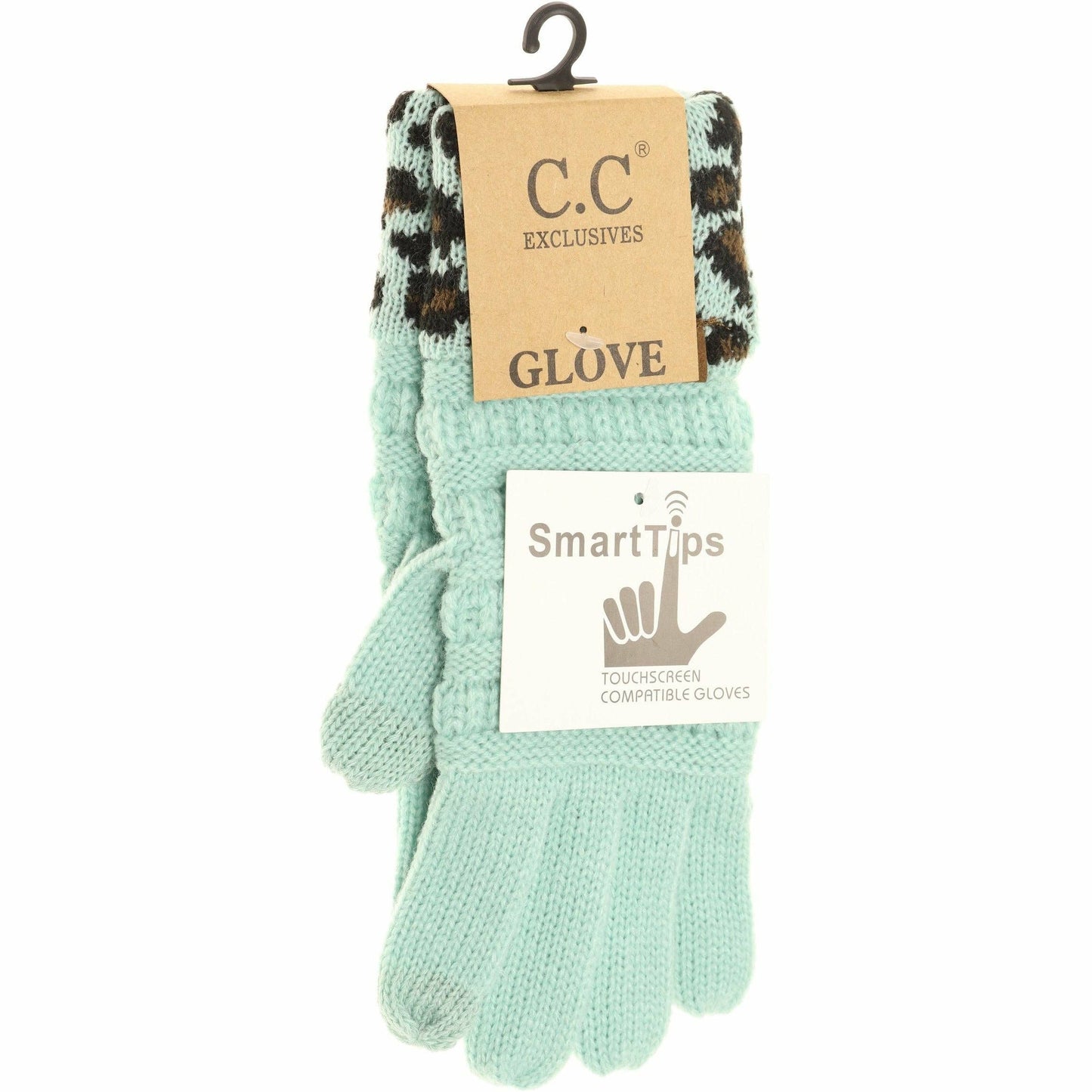 Solid Cable Knit Leopard Cuff CC Women's Gloves