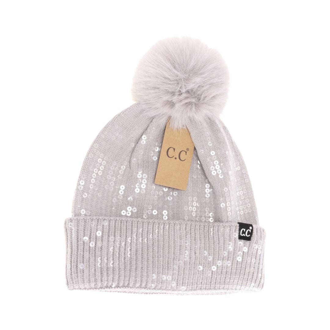 C.C Allover Clear Sequin Faux Fur Pom Beanie