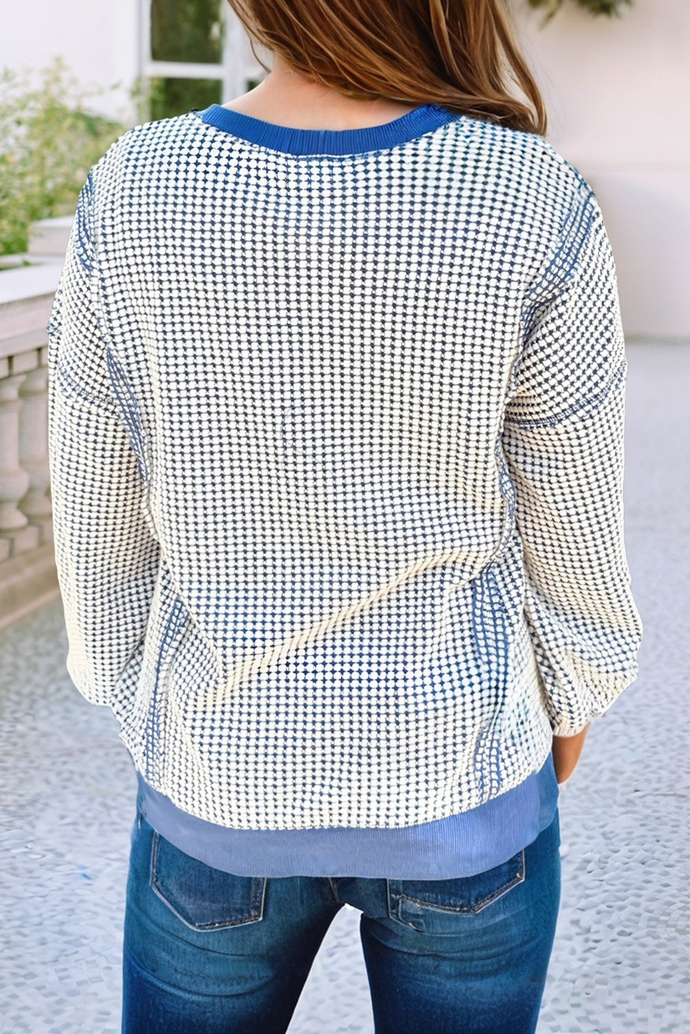 Waffle Knit Colorblock Hem Pullover