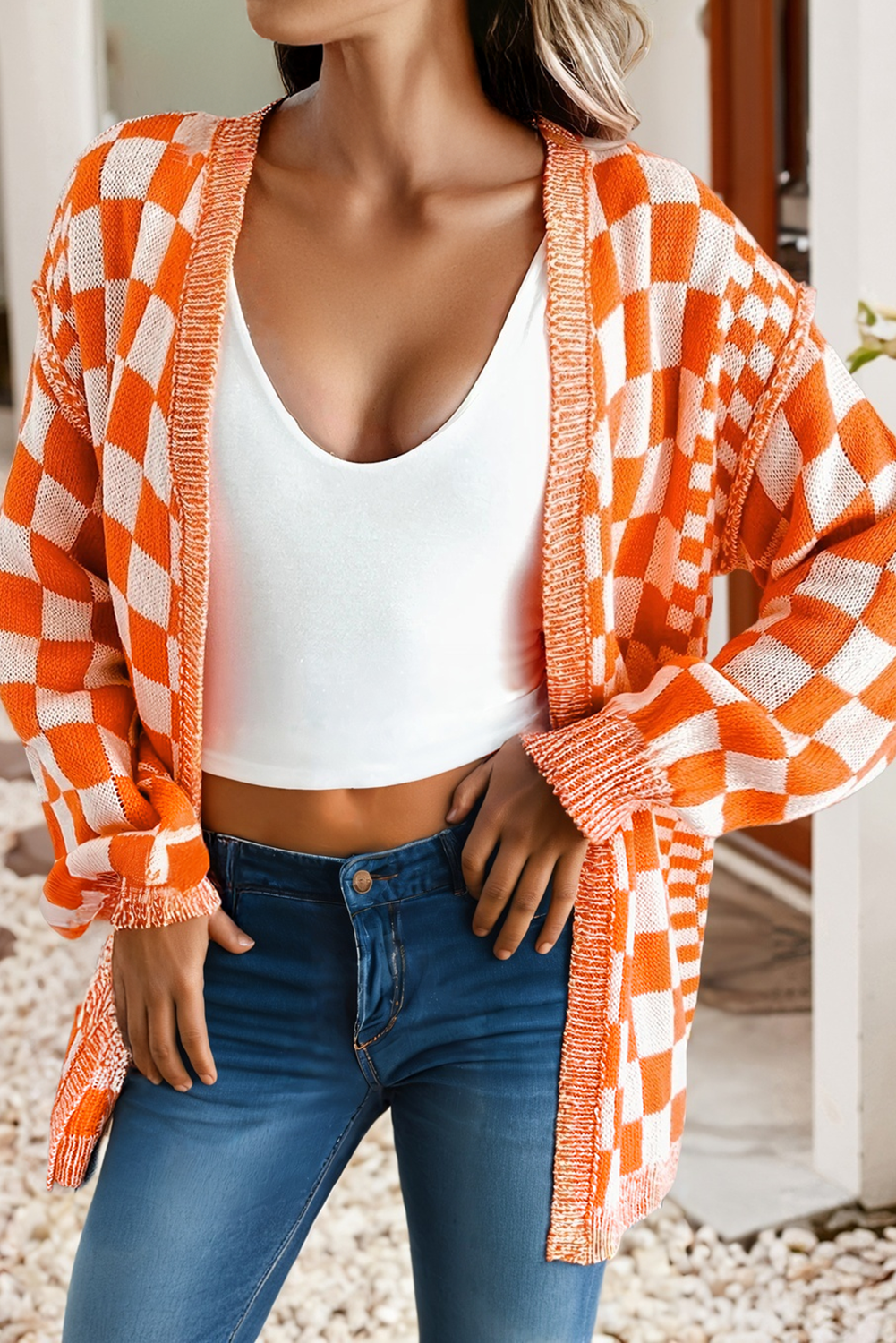 Orange & White Checkered Cardigan