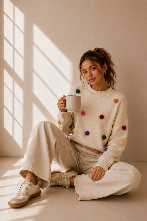 Colorful Pom Pom Knit Sweater