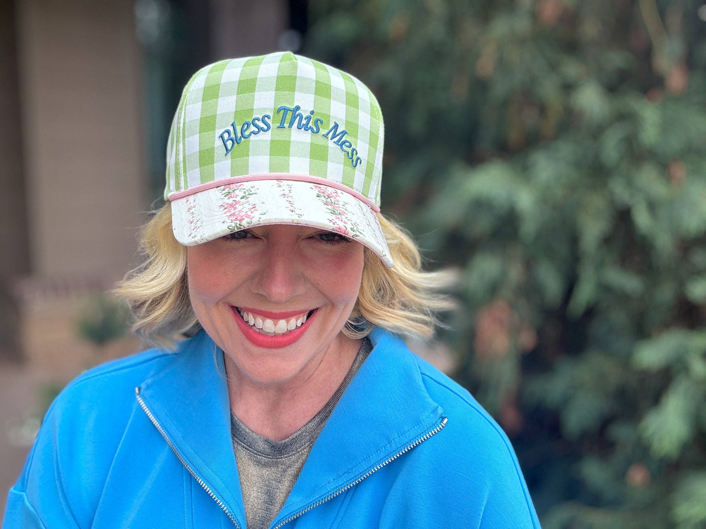 Bless This Mess Embroidered Floral Gingham Trucker Hat
