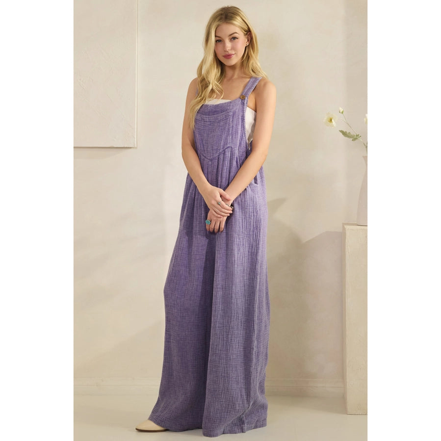 Lavender Crinkle Gauze Wide Leg Overalls