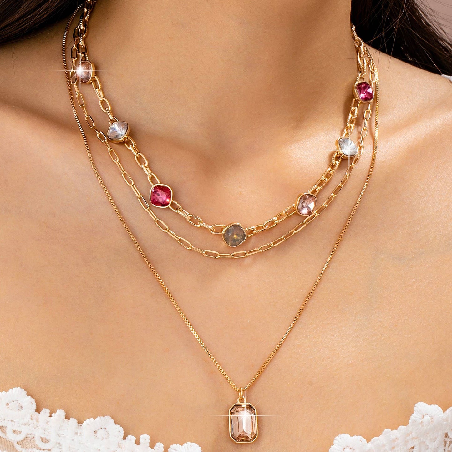 Gold Multi-Layer Oval Stone Necklace