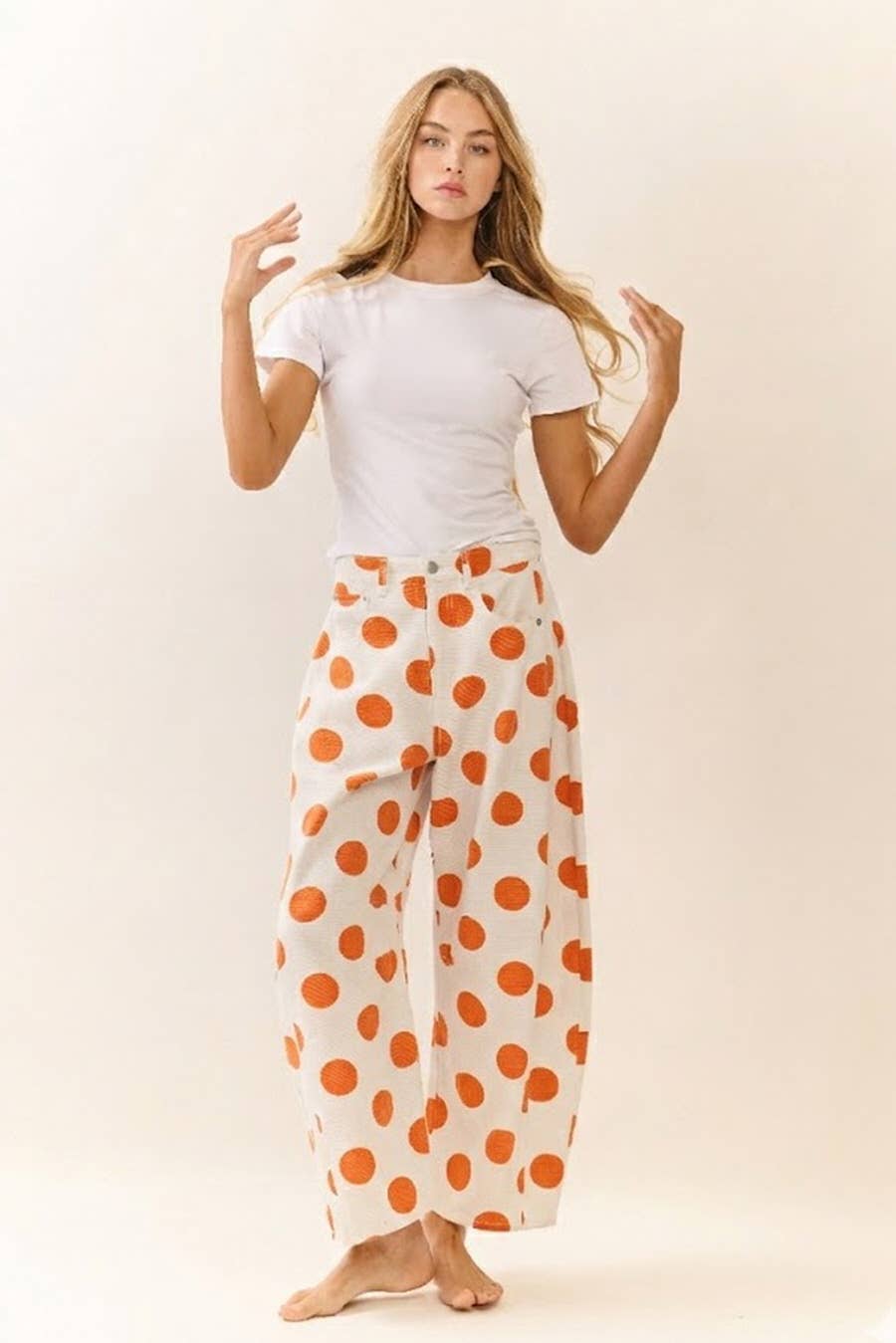 Polka Dot Barrel Denim Pants by Oddi, orange, front view