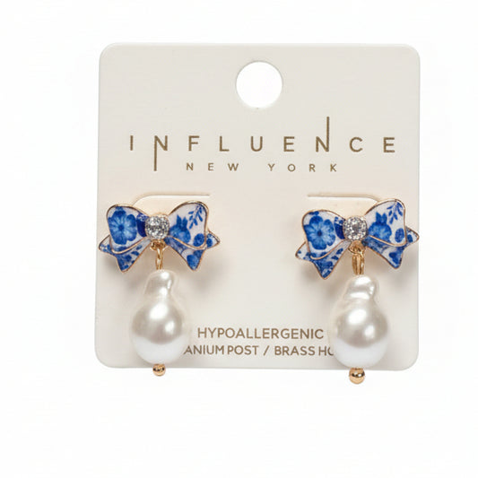 Blue Floral Bow Pearl Drop Earrings