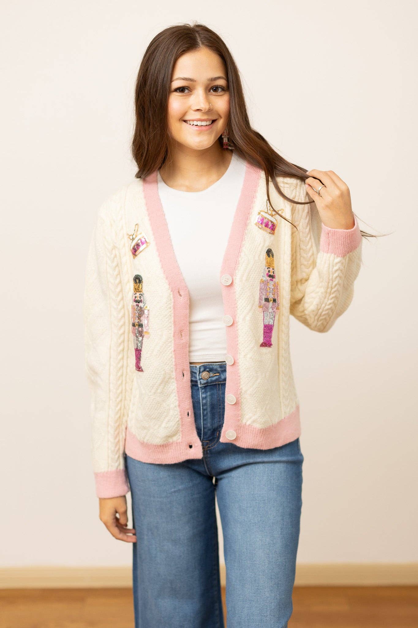 Beige & Pink Nutcracker Sequin Cardigan