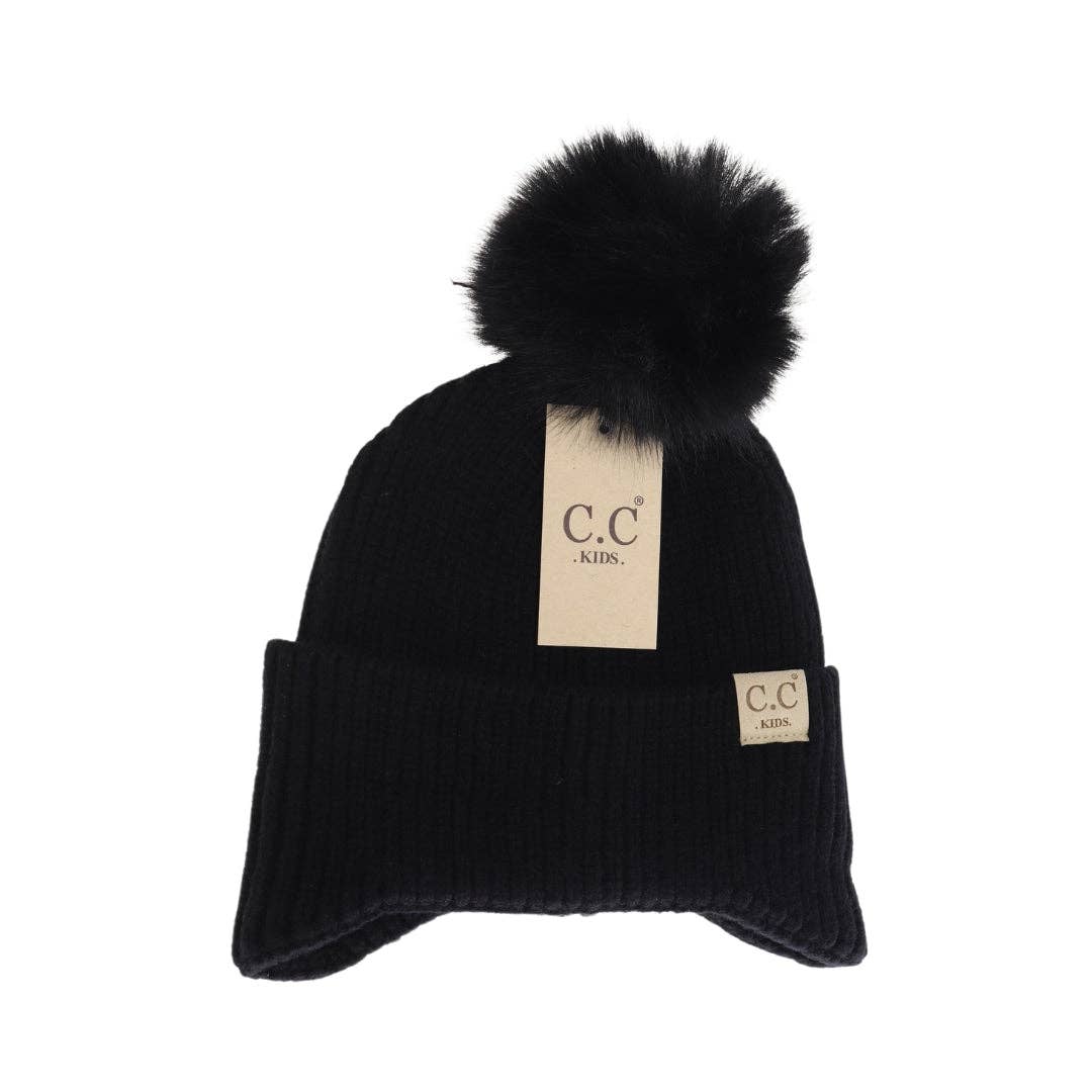 Kids Ear Flap Double Pom C.C Beanie