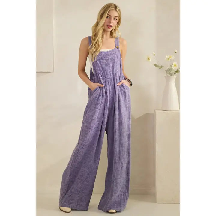 Lavender Crinkle Gauze Wide Leg Overalls