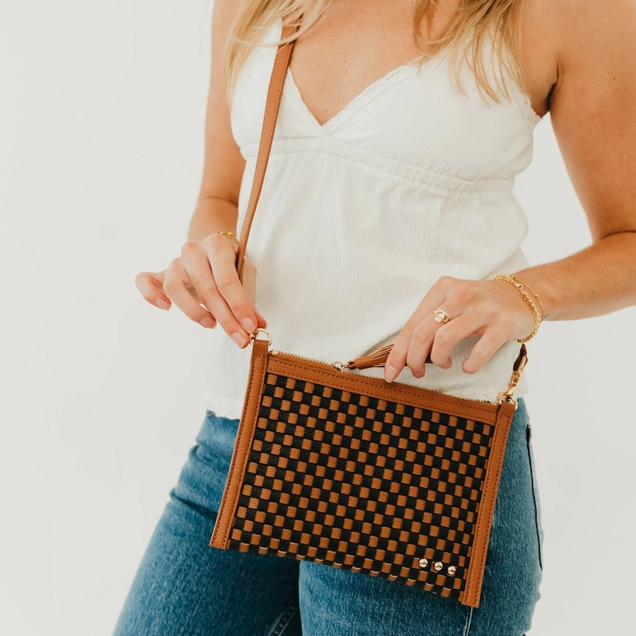 Pretty Simple Veda woven crossbody clutch & wristlet, front view