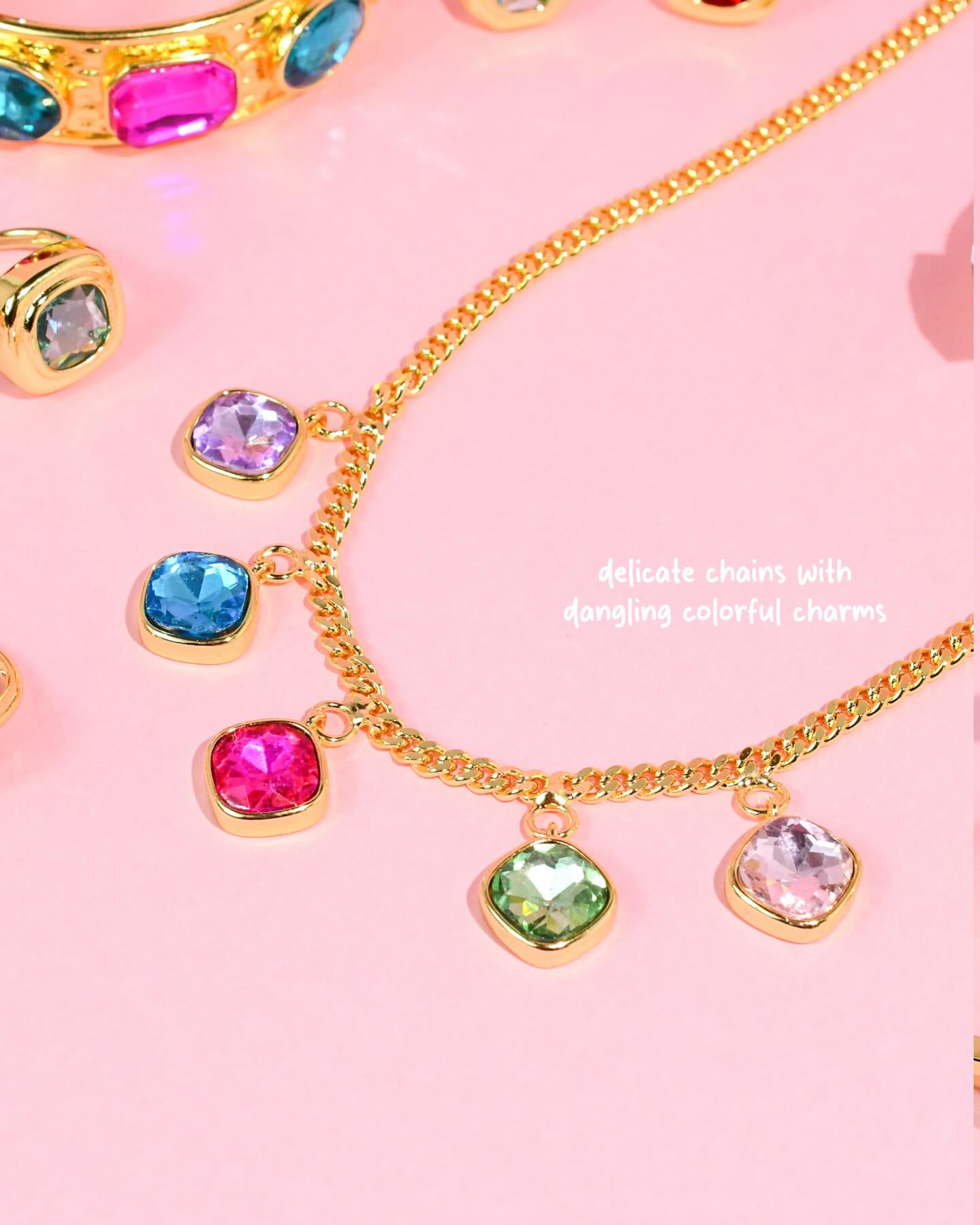 Gold chain necklace with multicolor crystal charms by Treasure Jewels