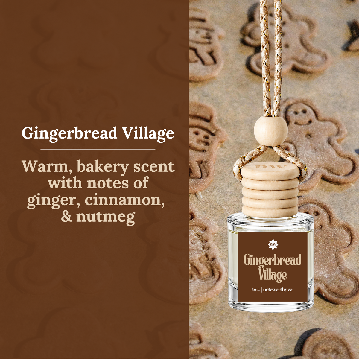 A clear glass fragrance bottle labeled Gingerbread Village with a stacked wooden diffuser top and braided hanging cord, shown beside text describing a warm gingerbread scent on a brown background with gingerbread cookie shapes.