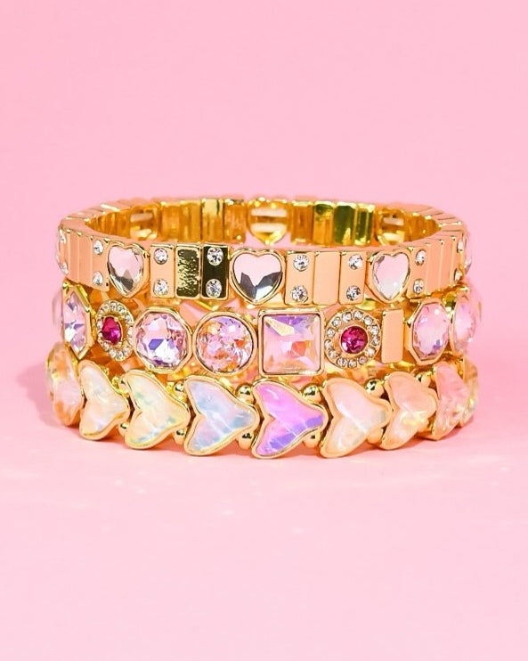 Treasure Jewels All The Fun heart crystal bracelet stack with blush pink and gold details