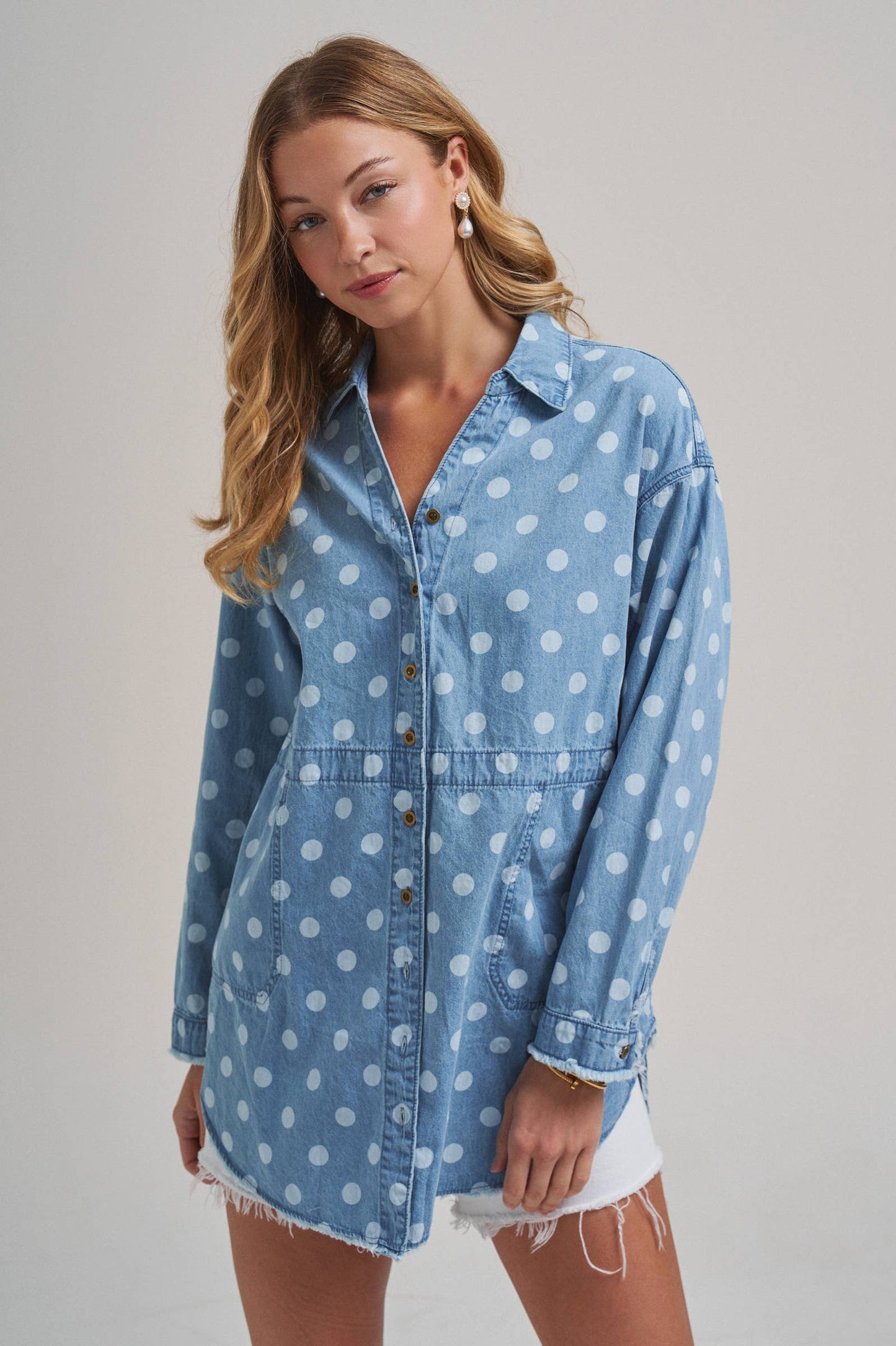 Polka Dot Chambray Button-Up Shirt with Frayed Hem