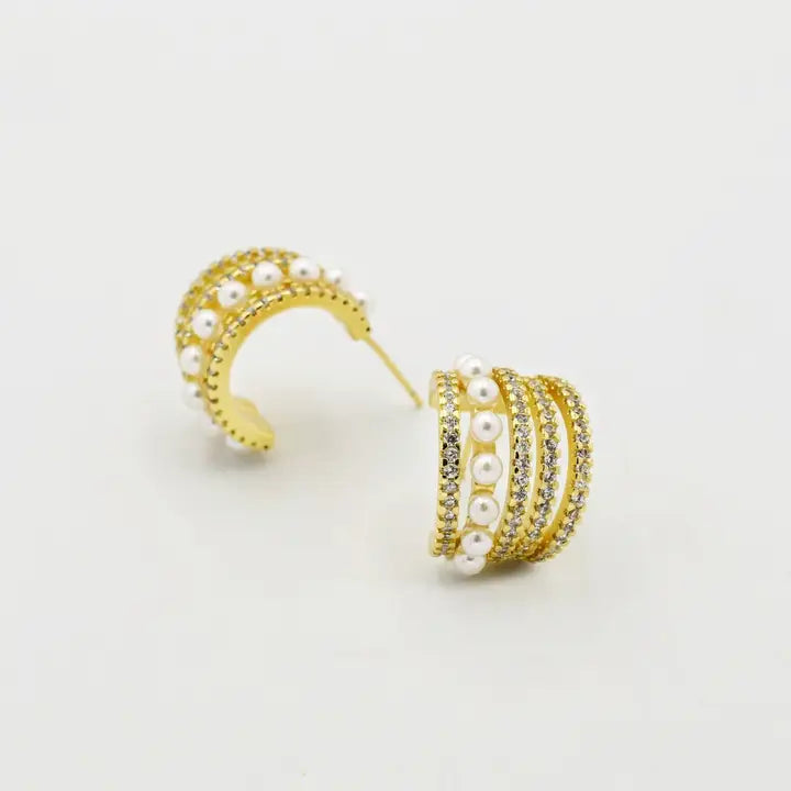 Gaia Pearly Gold Earrings – Pearl & Crystal Huggie Hoops