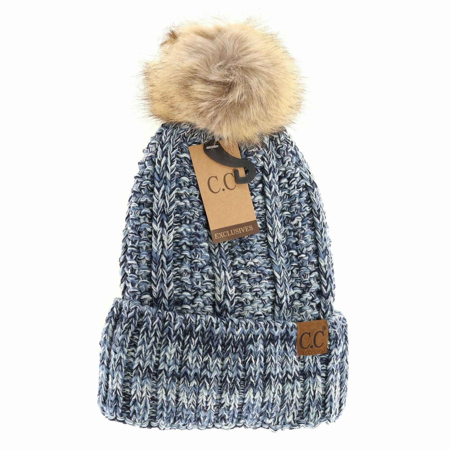 Fuzzy Lined Multi Tone Fur Pom CC Beanie