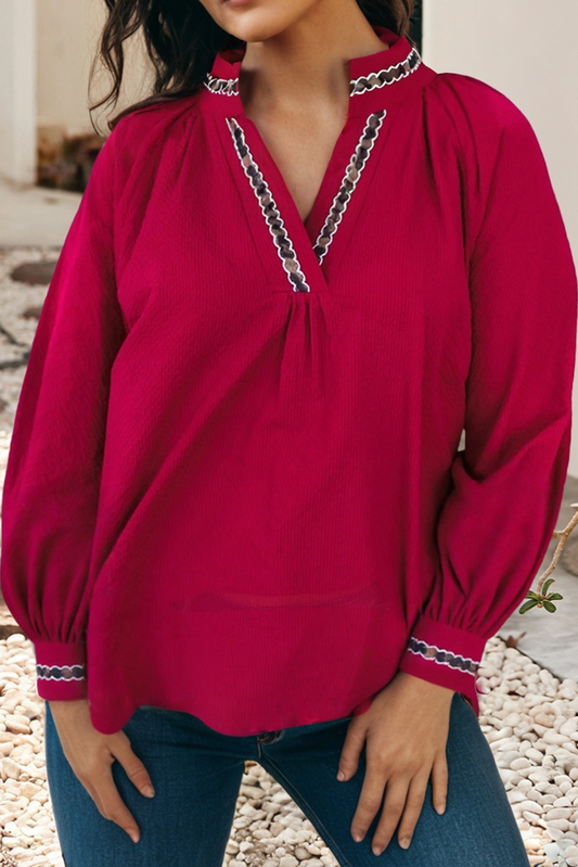 Embroidered Trim Split Neck Blouse