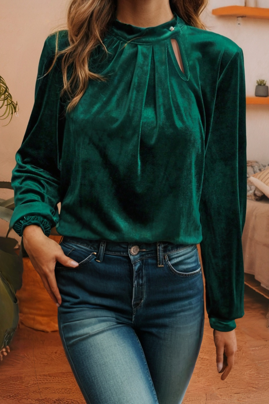 Emerald Velvet Pleated Keyhole Blouse