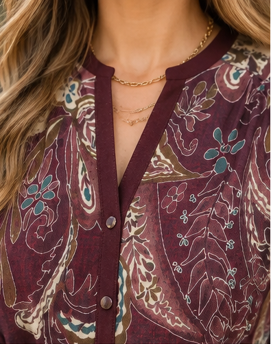 Women's plum paisley midi dress with long sleeves, removable waist tie and border print