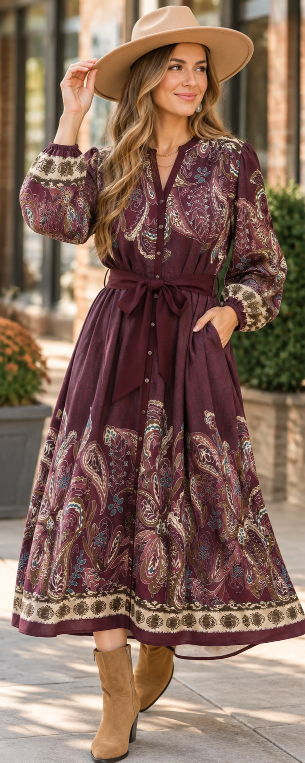 Umgee plum paisley border print midi dress with tie waist, long sleeves and button front