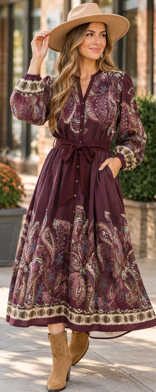 Umgee plum paisley border print midi dress with tie waist, long sleeves and button front