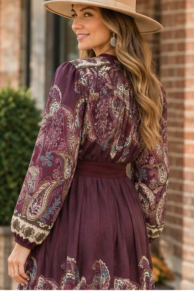 Umgee plum long sleeve midi dress with paisley print, button front and side pockets