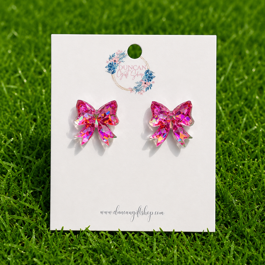 Iridescent Pink Glitter Bow Stud Earrings