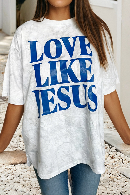Love Like Jesus Oversized Camo Graphic Tee - bold faith-based camo design on relaxed oversized Christian tee