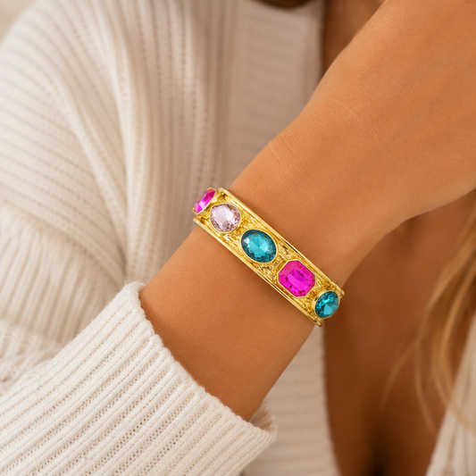 Treasure Jewels Multi Glow Bangle – Colorful Crystal Gold Cuff Bracelet