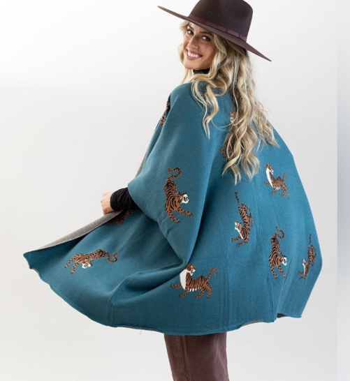 She + Sky Teal Tiger Print Poncho Cardigan