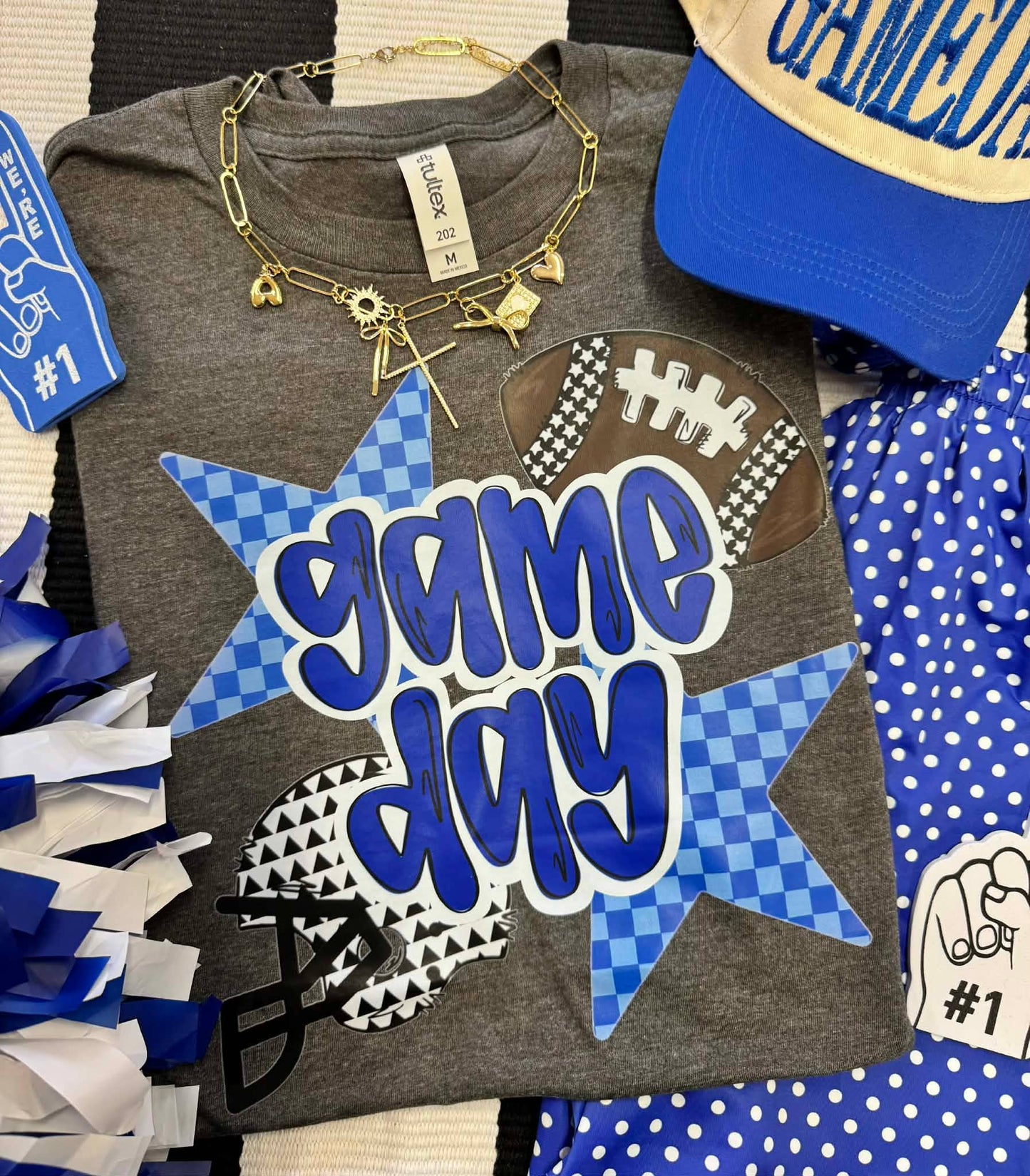 Blue Checkered Star Game Day Graphic Tee