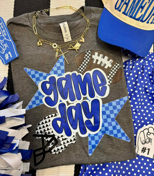 Blue Checkered Star Game Day Graphic Tee
