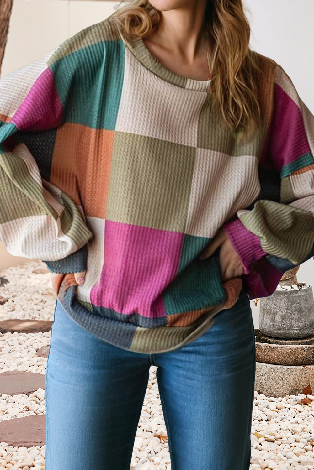 Checkered Print Knit Long Sleeve Loose Top