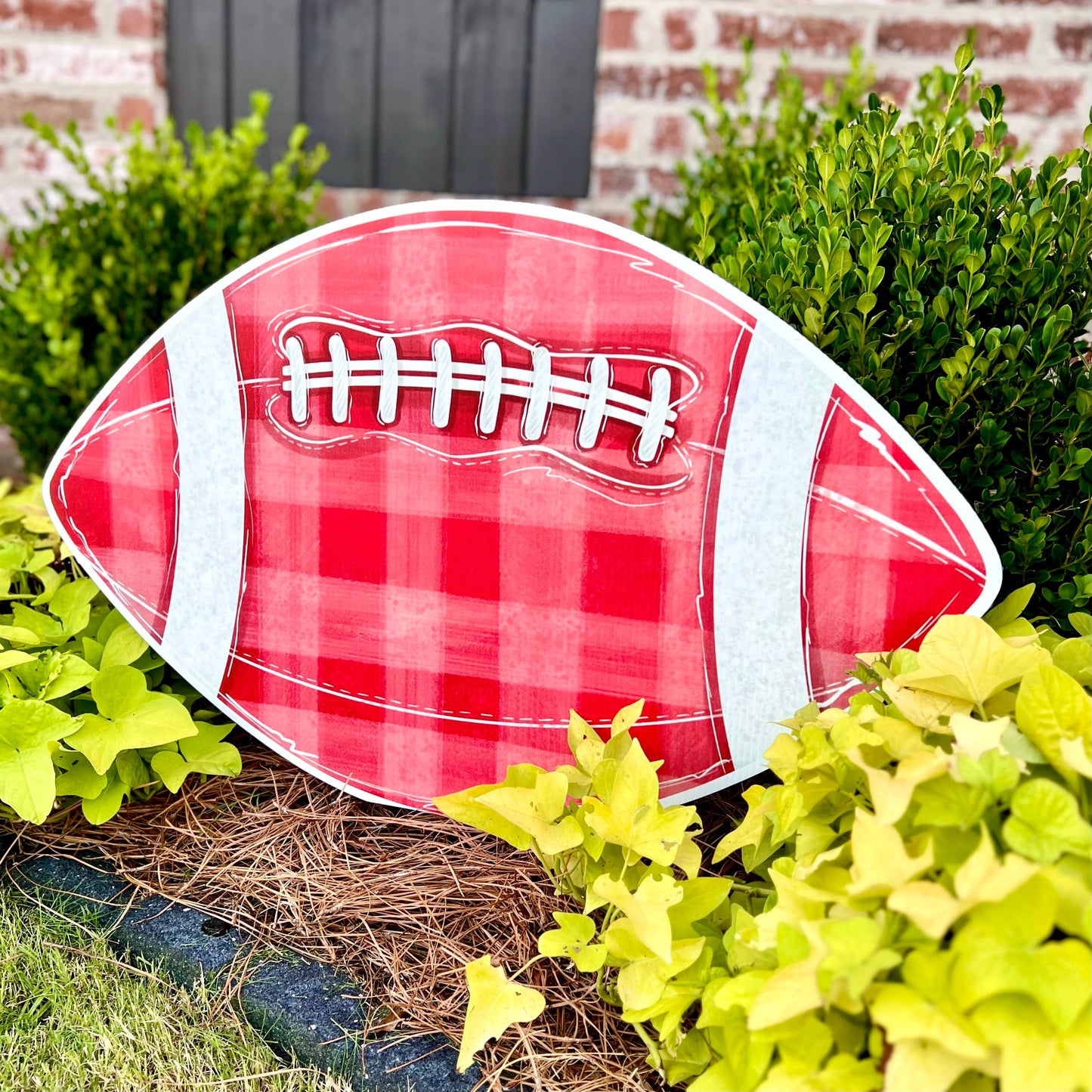 Red Gingham Football Garden Stake