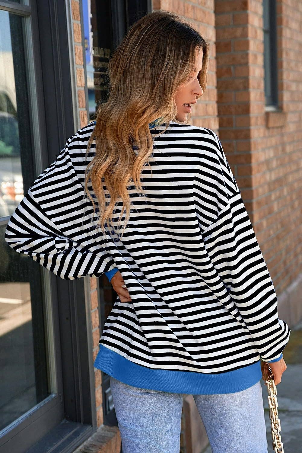 Color Striped Crew Neck Loose Sweatshirt