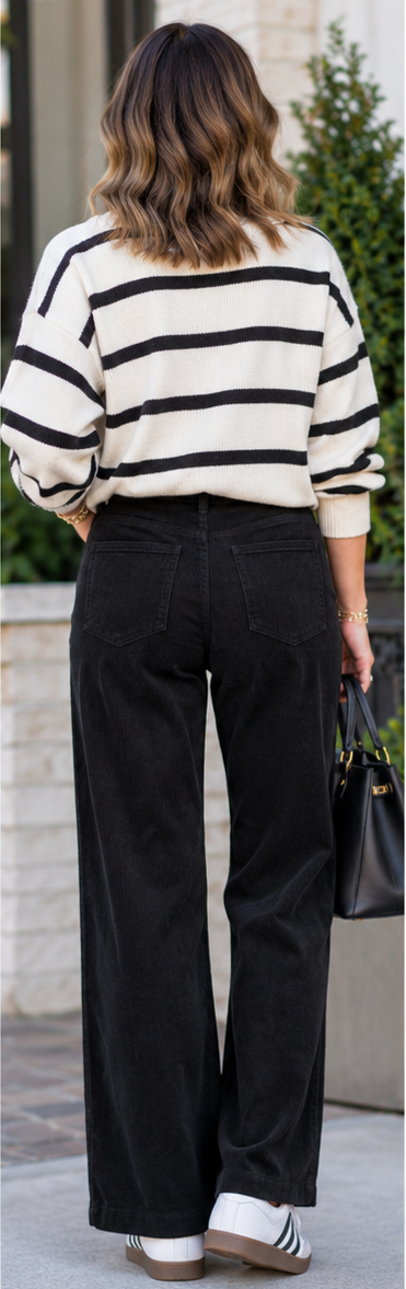 black umgee  corduroy pants on a model wearing a white and black striped sweater