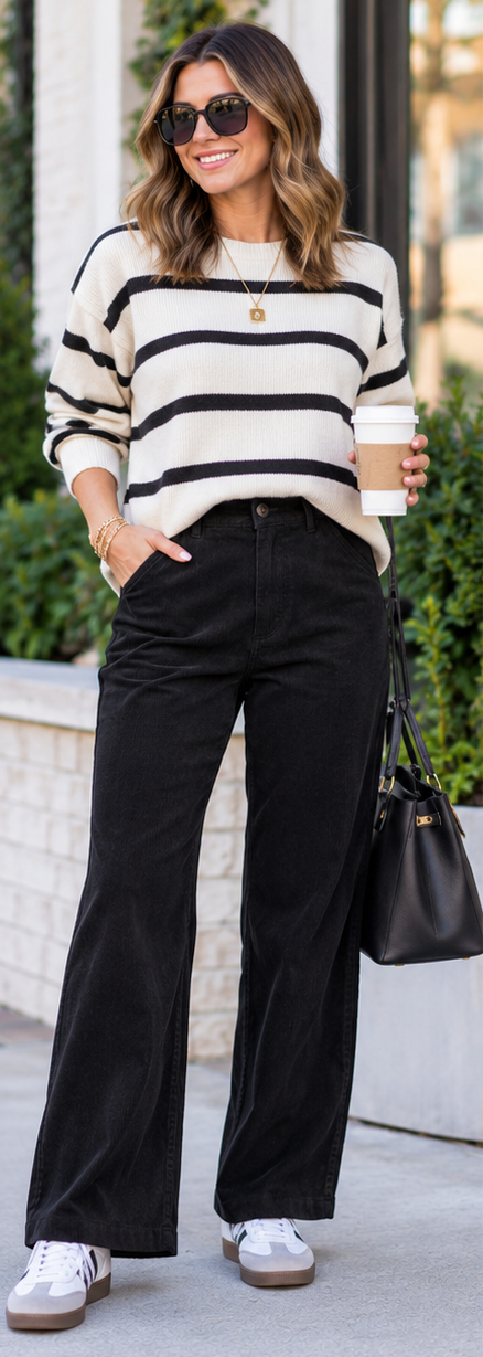 black umgee  corduroy pants on a model wearing a white and black striped sweater