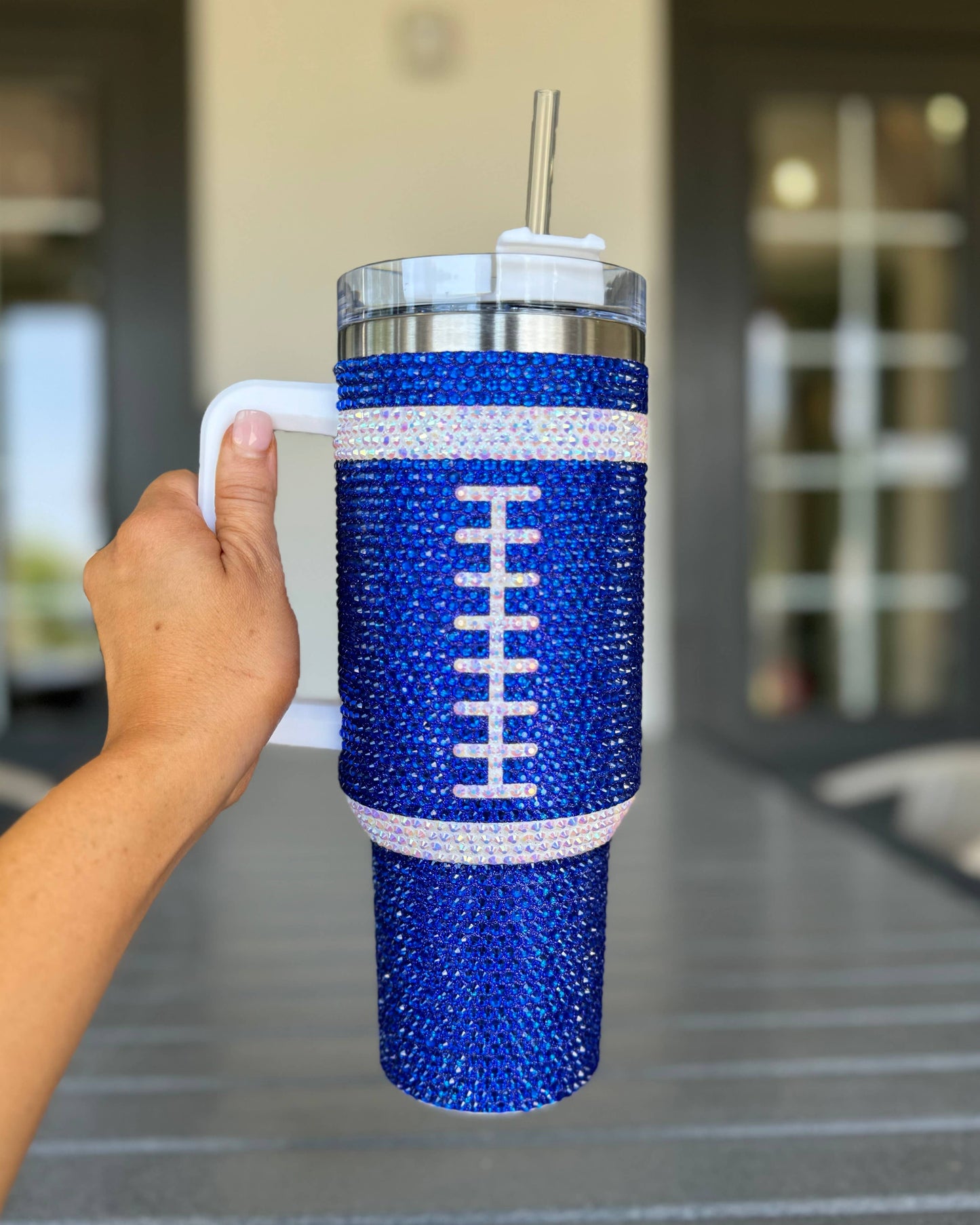 Blue Rhinestone Football 40 Oz. Tumbler