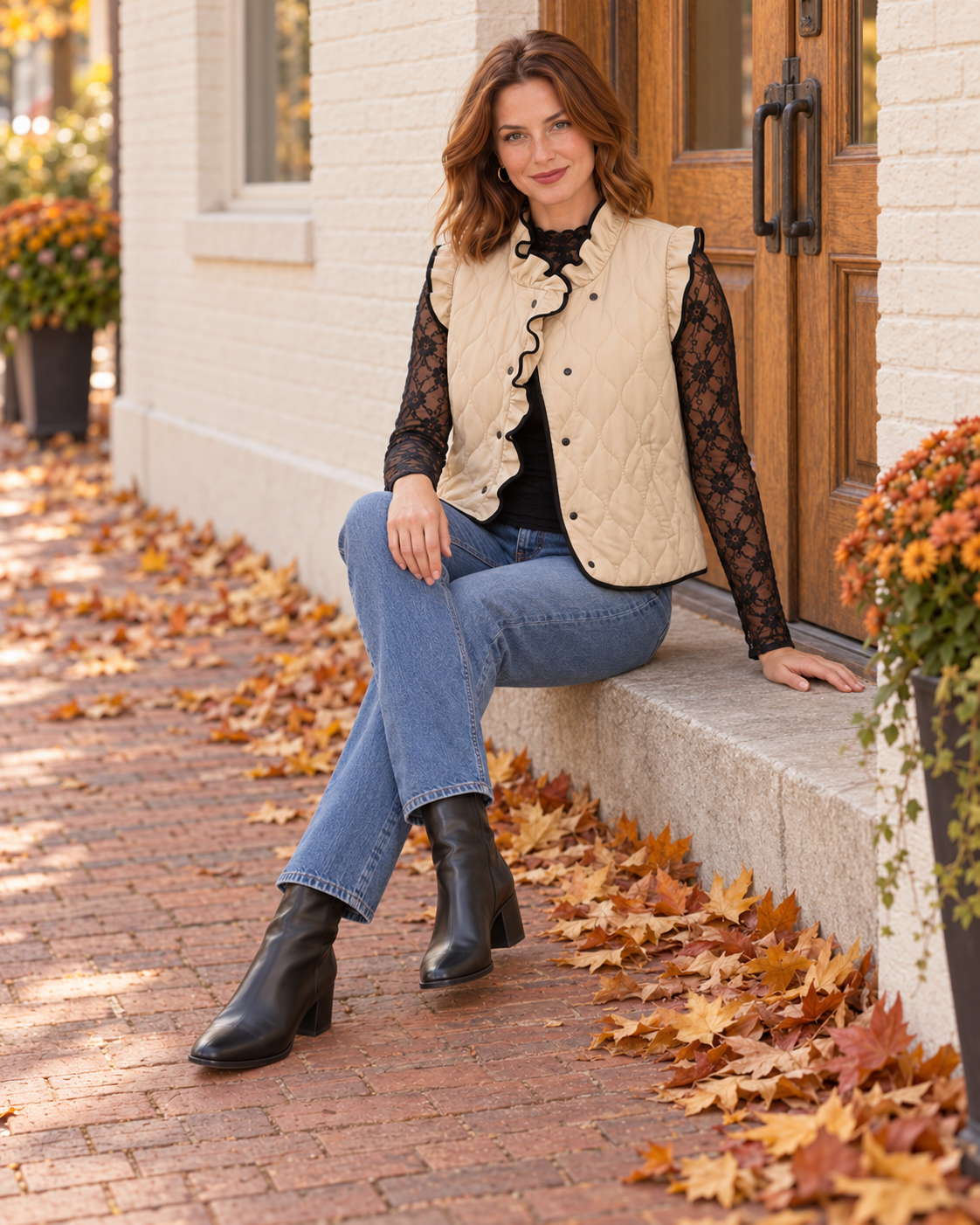 A woman sits on a stone ledge outside a building, wearing a beige quilted sleeveless vest over a black lace long-sleeve top, blue jeans, and black ankle boots. Fallen autumn leaves line the brick walkway and the door.