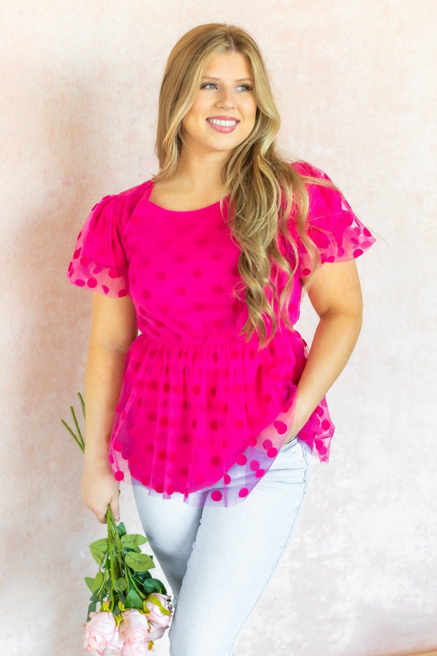 Polka Dot Mesh Peplum Top