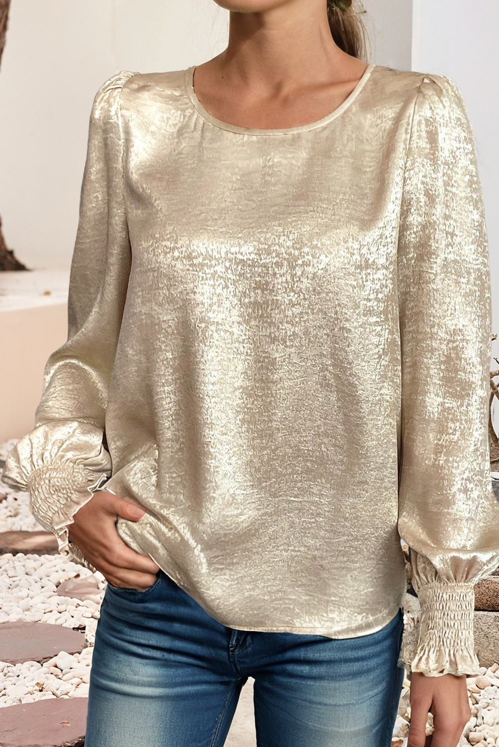 Champagne Crinkle Satin Balloon Sleeve Top